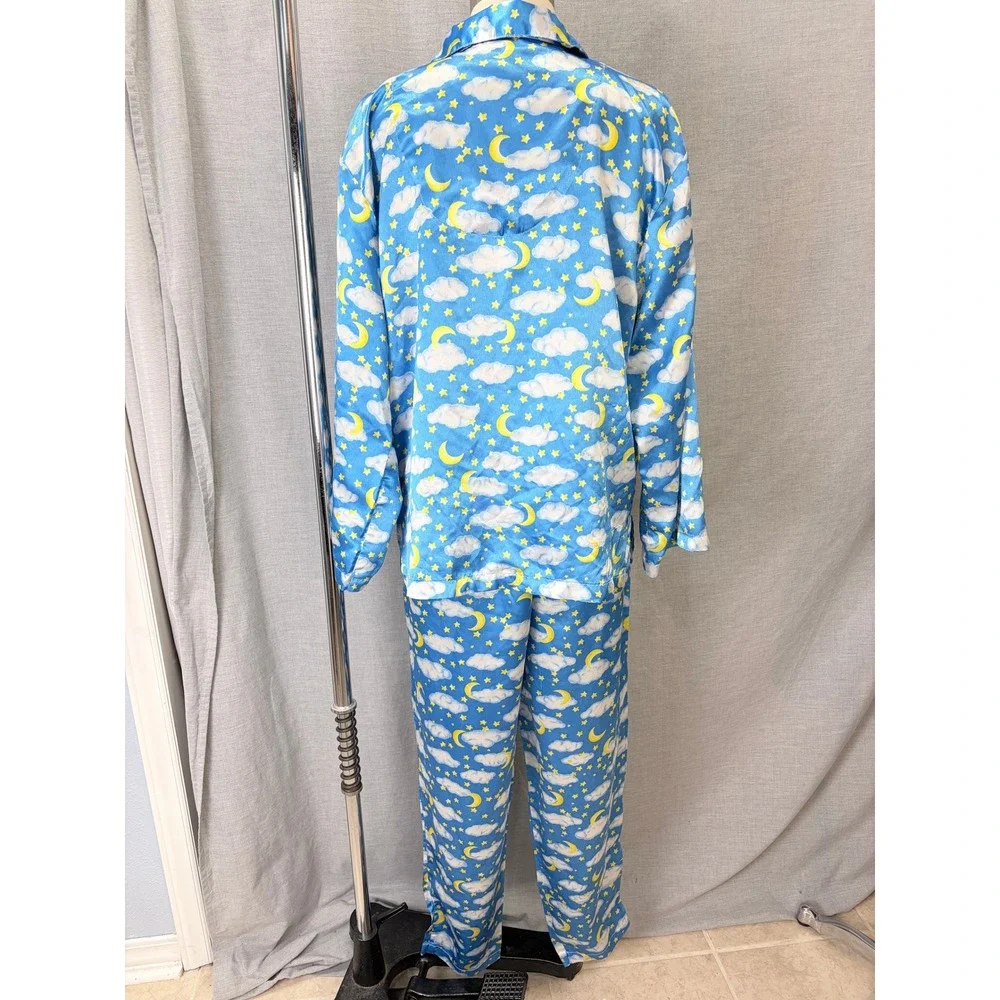 Chandio New York Celestial Blue Satin Pajama Set L Whimsigoth Moon Stars Y2K
